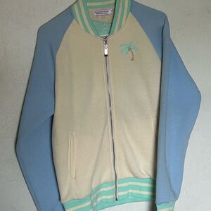 Blue and Cream Animal Crossing Zip-Up Jacket with Palm Tree Embroidery